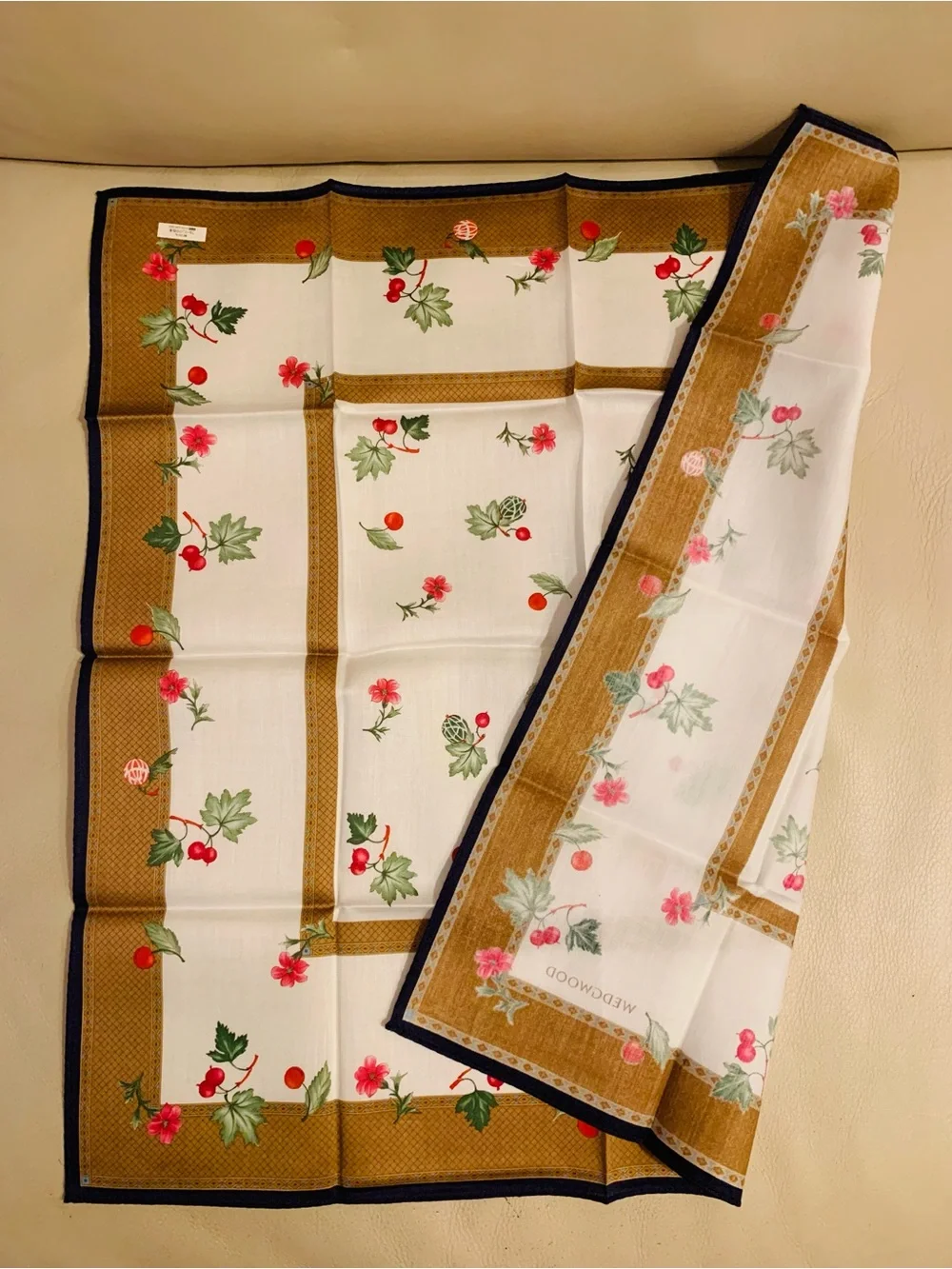 Wedgwood Cotton Handkerchief 19” Floral Berry Print Brown Border Made Japan NWOT